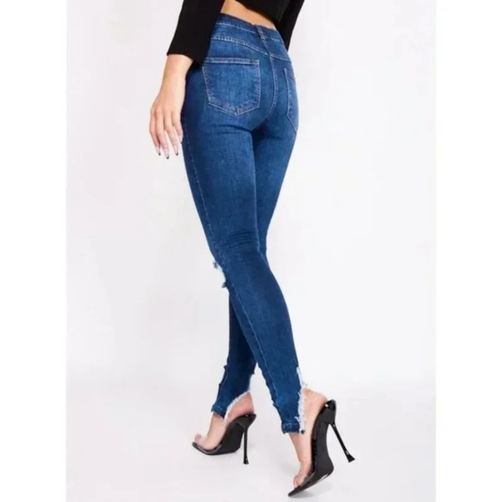 Blue High Waist Ripped Distressed Split Hem Skinny Jeans Denim Pants - Picture 11 of 13